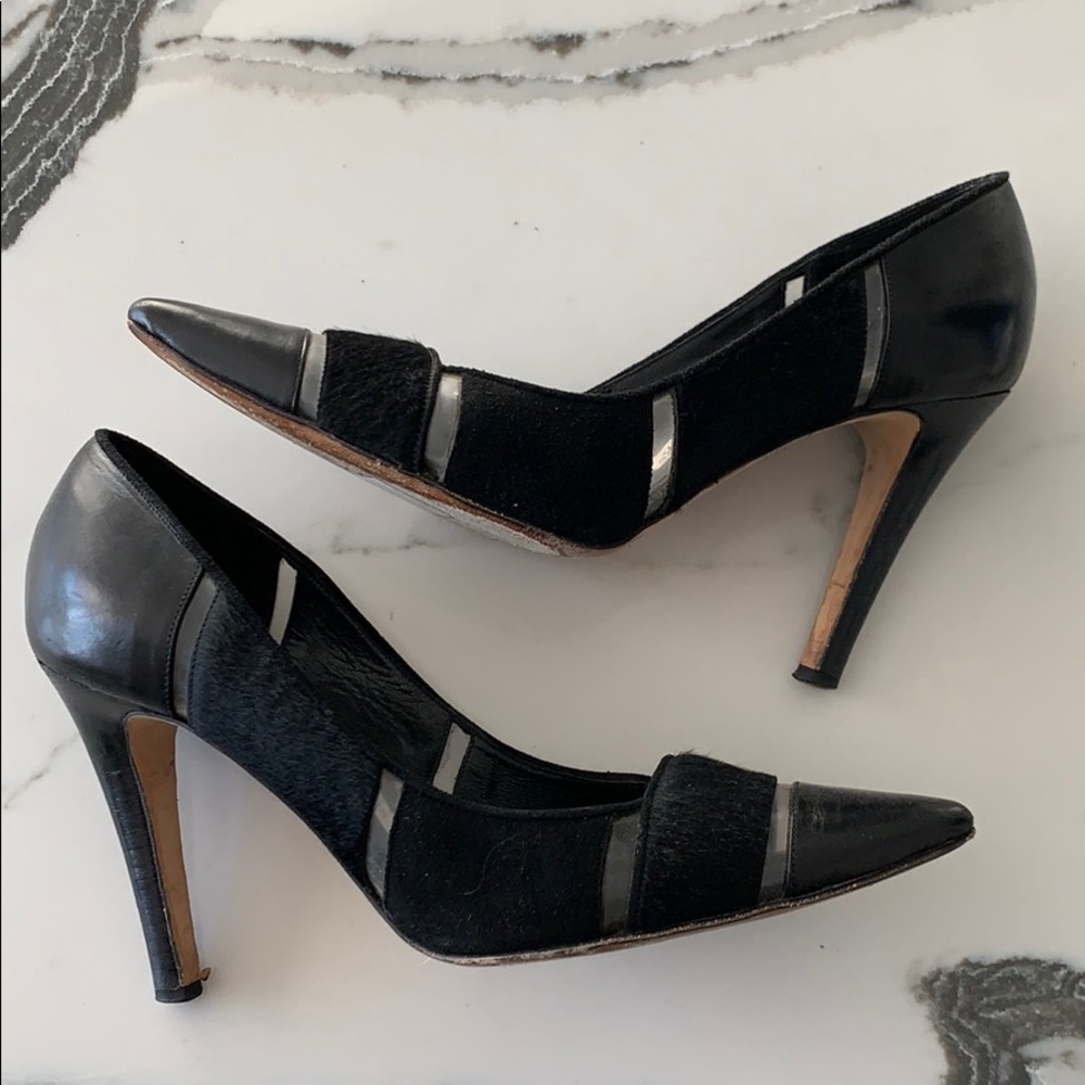 Manolo Blahnik Black Leather & Pony Pumps